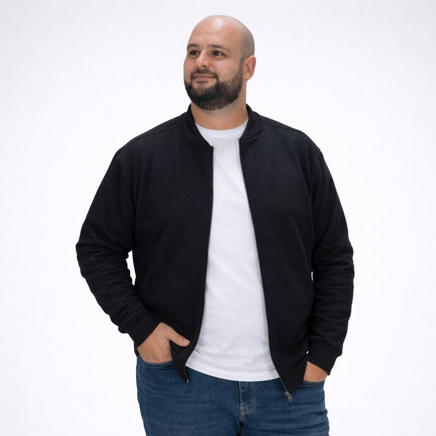Suffix Men's Plus Size Thick Fleece Bomber Jacket With Zipper And Side Pockets - 黑色 - 查看 1