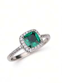 1枚925纯银镀铂金奢华高档绿色锆石镶嵌结婚戒指，方形方糖造型，小众高端银饰，送给女友的优雅礼物 - 綠色 - 查看 8