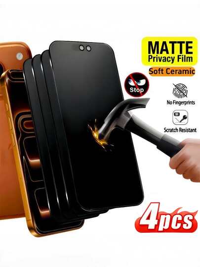 4pcs Matte Privacy Screen Protector, Compatible With IPhone 17 Pro Max/17/16 Pro Max/16 Pro/16 Plus/16/15 Pro Max/14 Pro Max/13/12/11, Anti-Fingerprint, Anti-Scratch, 9H Hardness, Anti-Peeping, Easy Installation, Matte Finish, High Quality