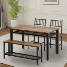 Farmhouse Dining Table Set For 4 With Storage Shelf, 47 Inch Kitchen Table With Bench And 2 Chairs For Small Space, Apartment, Dining Room - Brown - View 8