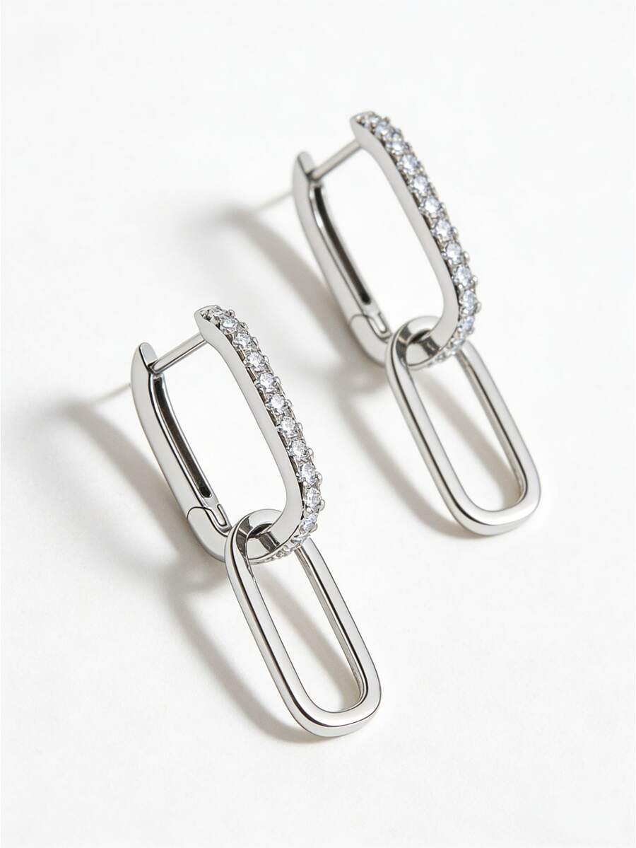 Pendientes de aro doble de circonita de plata S925, románticos franceses de alta gama y exagerados, regalo para parejas y el Día de la Madre - Plateado - Ver 1