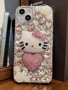 SANRIO Funda de teléfono a prueba de golpes de TPU con decoración de cristales de Rhinestone y diseño de Hello Kitty 3D con corazón, compatible con iPhone 11/12/13/14/15/16/17/Pro Max, regalo de primavera - Plateado - Ver 2