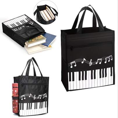 Bolsa de tela Oxford, diseño de teclado de piano - Impermeable, gran capacidad, de moda, bolsa reutilizable para música, adecuada para viajes, compras, escuela, transporte y regalos festivos, regalos de vuelta a la escuela, educadores de música, estudiantes y entusiastas, excelente regalo, accesorios musicales, regalos musicales