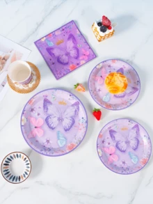 Purple Flower Butterfly Crown Disposable Plates, Napkins, Cups - One-Time Party Supplies Set, Suitable For 8 Guests, Disposable Paper Plates Party Tableware For Birthday, Wedding, Theme Party, Family Picnic - Multicolor - View 3