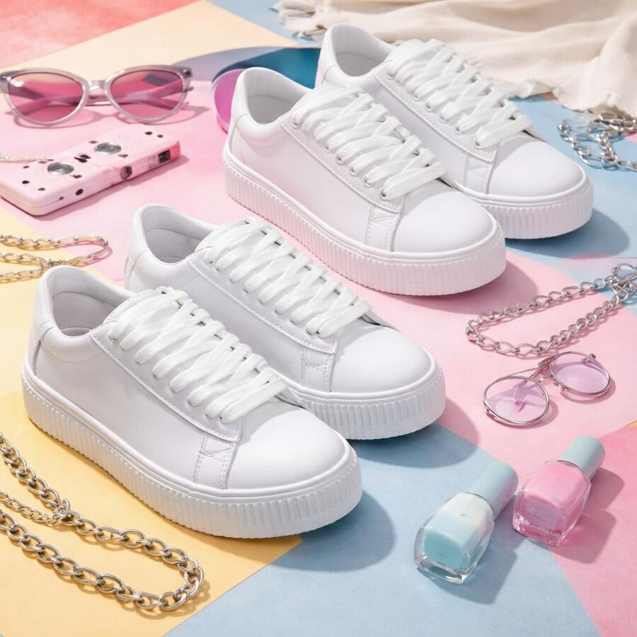 Kit 2 Pares de Tênis Feminino Casual Versátil Confortável e Elegante Para Qualquer Ocasião - Branco + Branco - Visão 1