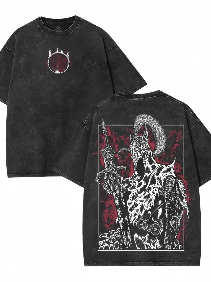 230g Double-Sided Washed,Dark Souls Knight Graphic Washed Cotton Tee,Unisex Gifts,Music Tour T-Shirts,Patterned T-Shirts,Casual Outdoor Everyday Wear All Season,Soft Texture. - Black - View 1