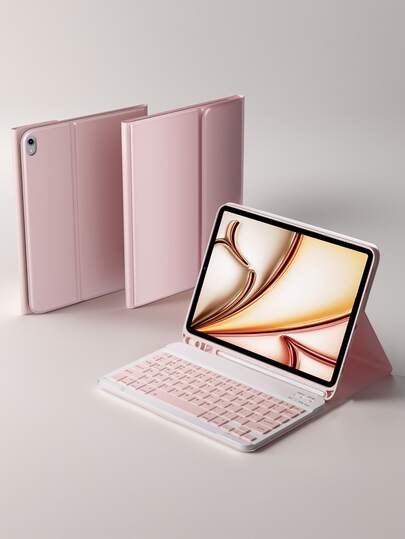 Wireless Keyboard Protective Case, Compatible With IPad Air 1/Air 2/Air 3/Air 4/Air 5/6, IPad 5th/6th/7th/8th/9th/10th/11th Gen, IPad Pro 11" (2018/2020/2021/2022), Galaxy Tab And Redmi Pad SE - Soft TPU Back Cover, Magnetic Detachable, With Pen Slot (Pink)