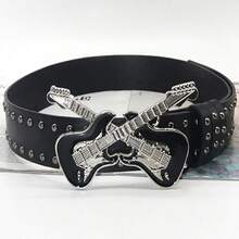 1pc Women's Punk Guitar Metal Decor Geometric Pattern Street Style PU Leather Rivet Belt, Accessory, Party - 黑色 2 - 查看 4
