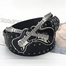 1pc Women's Punk Guitar Metal Decor Geometric Pattern Street Style PU Leather Rivet Belt, Accessory, Party - 黑色 2 - 查看 3