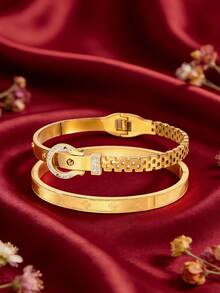 2 Peças Conjunto de Pulseiras Multifuncionais de Aço Inoxidável, Incluindo: Pulseira com Fivela de Cinto, Pulseira com Numerais Romanos, Pulseira de Duas Cabeças e Pulseira Entalhada. Acabamento Banhado a Ouro Realça sua Qualidade Premium. Um Presente Perfeito para o Dia dos Namorados. - dourado 1 - Visão 3