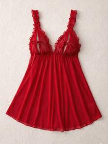 Women's Nightgown With Panties, Sensual, Delicate, Honeymoon, Sexy Women's Pajamas, Semi-Transparent Tulle, Plain - 紅色 - 查看 3