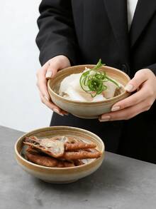 1pc Japanese Retro Ribbed Bowl & Plate Set, High-Quality Handpainted Ceramic Hot Pot Dipping Sauce Dish, Appetizer/Cold Dish Bowl, Suitable For Home, Restaurant, Snack Bowl, Gift - Brown - View 10