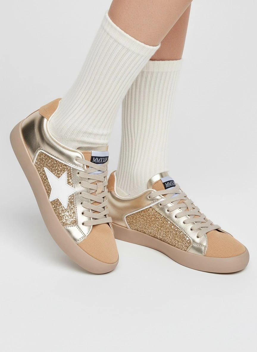 Zapatillas Mujer Estrella Purpurina – Sneakers Glitter Metalizadas Cómodas Casual Moda Diario - Camel - Ver 1