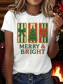 Camiseta vintage de Navidad alegre y brillante, estampado gráfico, manga corta y cuello redondo, top casual para verano y primavera, ropa de mujer - Blanco - Ver 2