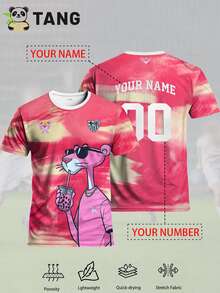 Customized Men's Football Jersey With Cartoon Leopard Design, Personalized With Name & Number, Comfortable Round Neck Sports Sweatshirt For Football Training, Casual Wear, And Gift - Pink - View 2