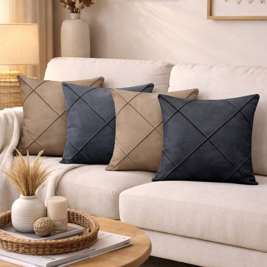 Kit Of 4 Draped Suede Cushion Covers 45x45 With Invisible Zipper - 2 Hazelnut + 2 Ash. - View 1