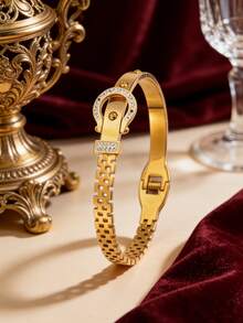 2 Peças Conjunto de Pulseiras Multifuncionais de Aço Inoxidável, Incluindo: Pulseira com Fivela de Cinto, Pulseira com Numerais Romanos, Pulseira de Duas Cabeças e Pulseira Entalhada. Acabamento Banhado a Ouro Realça sua Qualidade Premium. Um Presente Perfeito para o Dia dos Namorados. - dourado 1 - Visão 5
