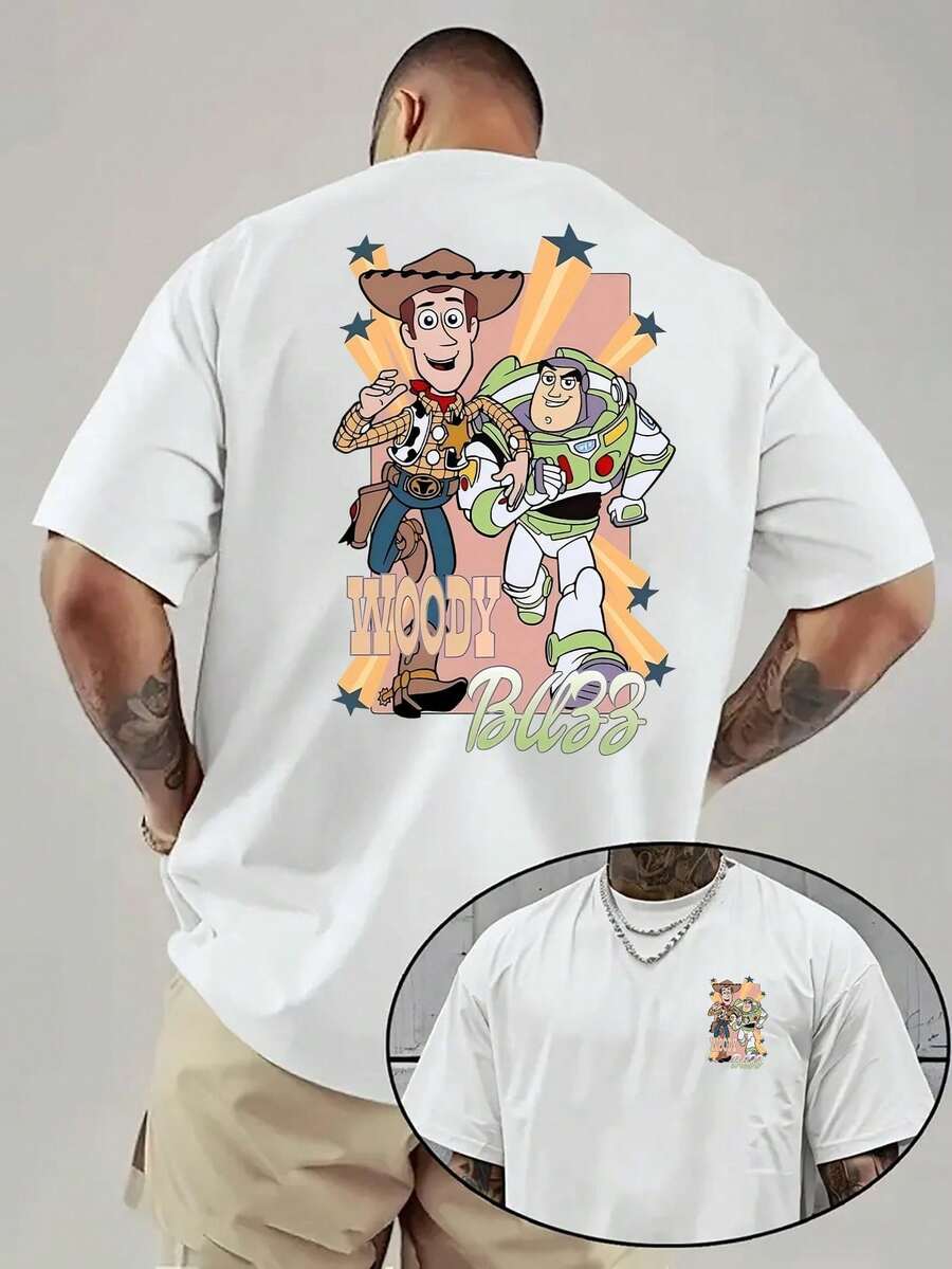 [Official Authorization] 1 Cartoon Pattern Of Toy Story Men's T-Shirt, Regular Round Neck And Short Sleeves, Necessary For Birthday Parties, Exclusive Official Pixar For Racing Fans, Disney Fans. - White - View 1