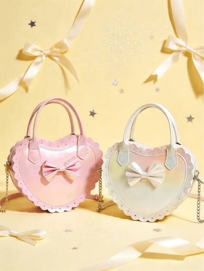 1 chiếc túi xách tay hình trái tim dễ thương, thanh lịch, kiểu dáng cơ bản dành cho bé gái, túi tote hình trái tim thắt nơ thời trang kiểu công chúa, quà tặng Eid, Eid Mubarak.