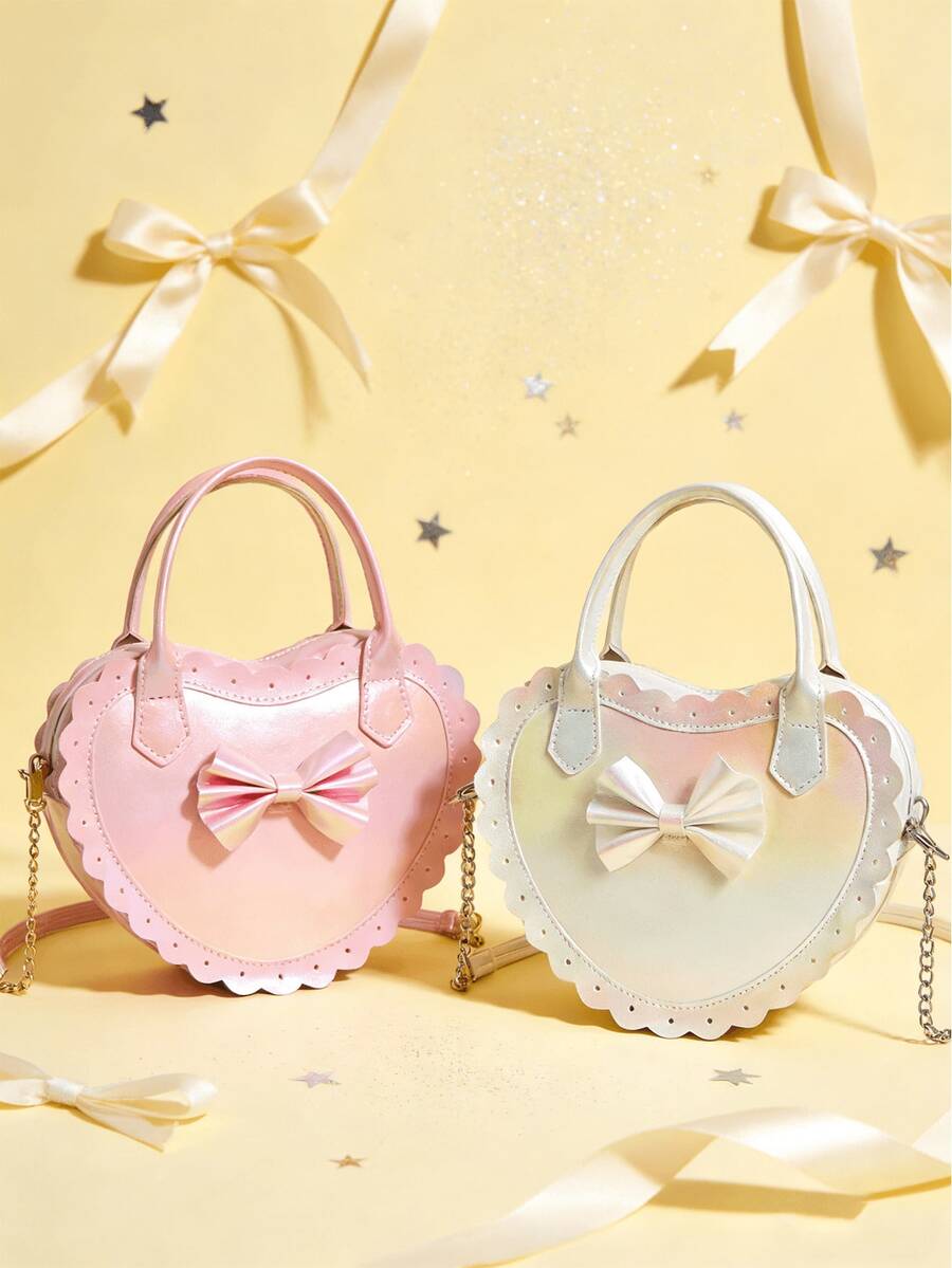 女孩时尚公主蝴蝶结爱心手提包/单肩包，适合日常、派对、外出、生日礼物 - 粉色 - 查看 1