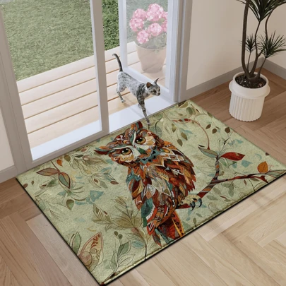 1ks koberec s potiskem sovy, rohožka z imitace vlny - vysoce savý, snadno se čistí, vhodné pro bytové dekorace, farmářský dům, vstupní halu, interiér, pokoj, kuchyň, jídelnu, malou kancelář/domácí kancelář, dřez, prádelnu, rohožku, kuchyňskou předložku, protiskluzovou podložku