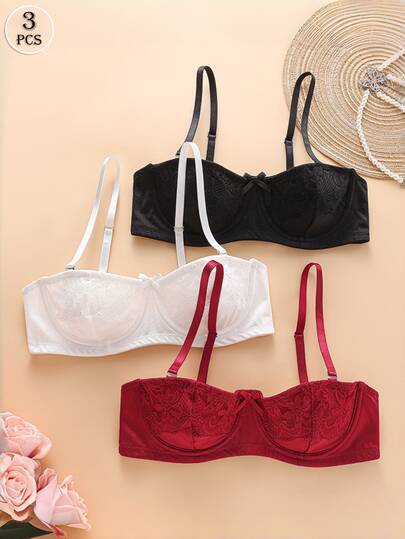 3件套女士纯色蕾丝拼接性感聚拢文胸，提拉支撑小胸
