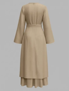 女士春季优雅圆领插肩袖收腰长连衣裙，适合通勤和休闲外出 - 淺卡其 - 查看 3