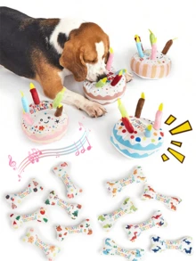 Pet Toys For Cats & Dogs, Stress Relief Chew Toys, Teeth Cleaning, Bites Resistant, Birthday Gift, Birthday Cake With Squeaky Bone - Multicolor - View 2