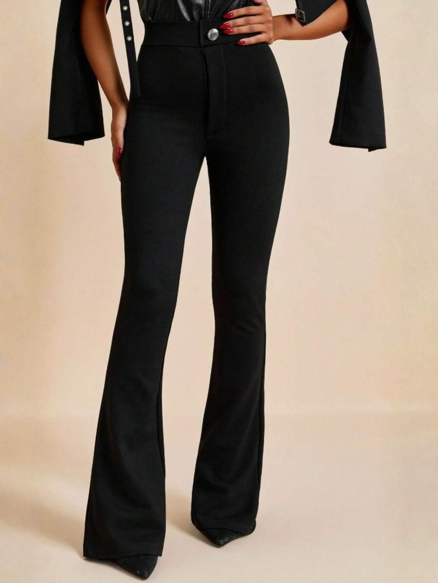 Women's Solid Color Button Casual Versatile Daily Flare Pants - Black - View 1