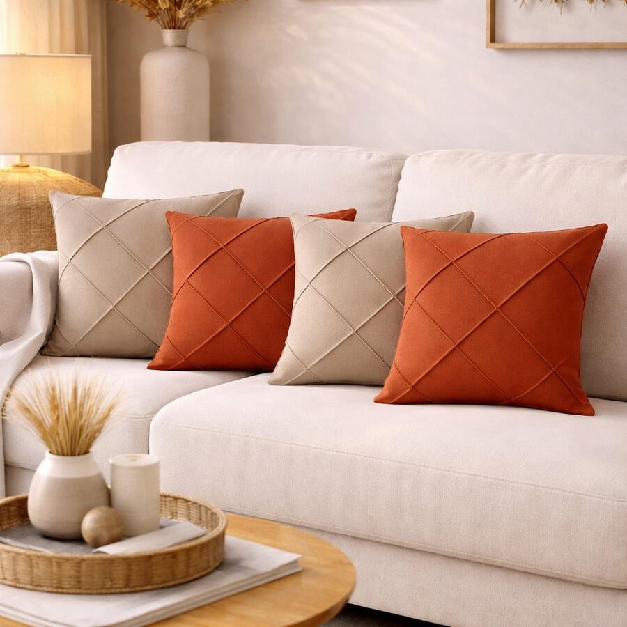 Kit Of 4 Draped Suede Cushion Covers 45x45 With Invisible Zipper - 2 Hazelnut + 2 Terracotta. - View 1