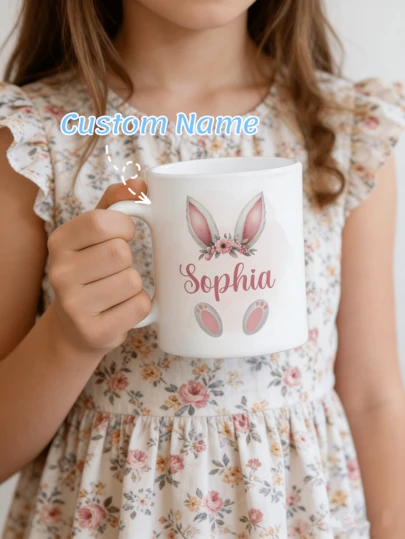 1Pc Custom Easter Bunny Mug Custom Name-Personalized Floral Bunny Ears Ceramic Mug, Custom Name Happy Easter Coffee Mug, Spring Holiday Gift For Kids Adults, Morning Coffee Tea Cup, Home Kitchen Office Drinkware, Easter Brunch Party Use