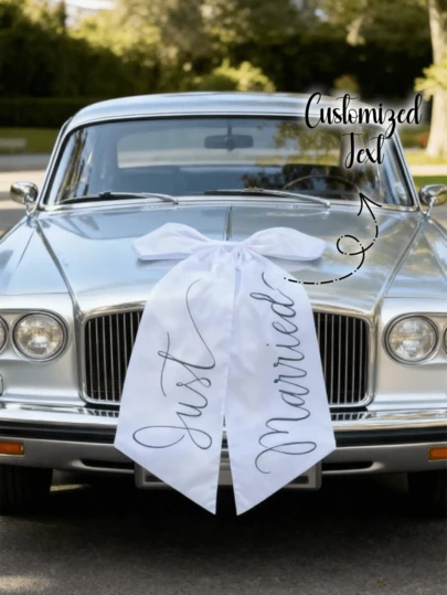 Personalized "Just Married" Extra Large Car Bow - Customizable Text Newlywed Car Decor, Elegant White Satin Bride Car Front Bow, Customizable Letter Wedding Farewell Accessory Suitable For Classic And Modern Cars