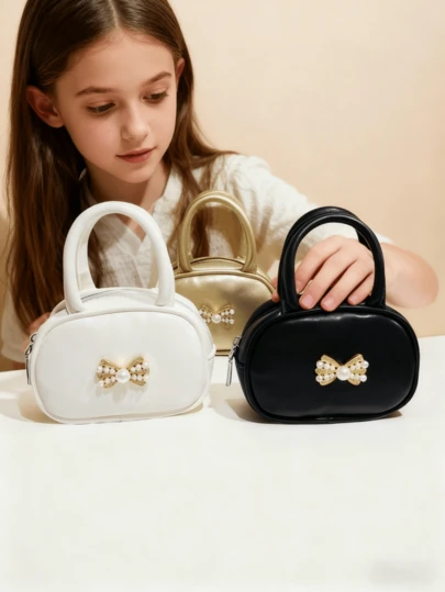 女童珍珠蝴蝶结手提包，秋冬新款包包，时尚小包，公主包，女童零钱包，迷你包，超可爱托特包，圣诞礼物，生日礼物，糖果包，口红包，个性化小包，购物零食包，配饰包，手提包，T台包，金色，银色，白色，黑色，粉色，小包