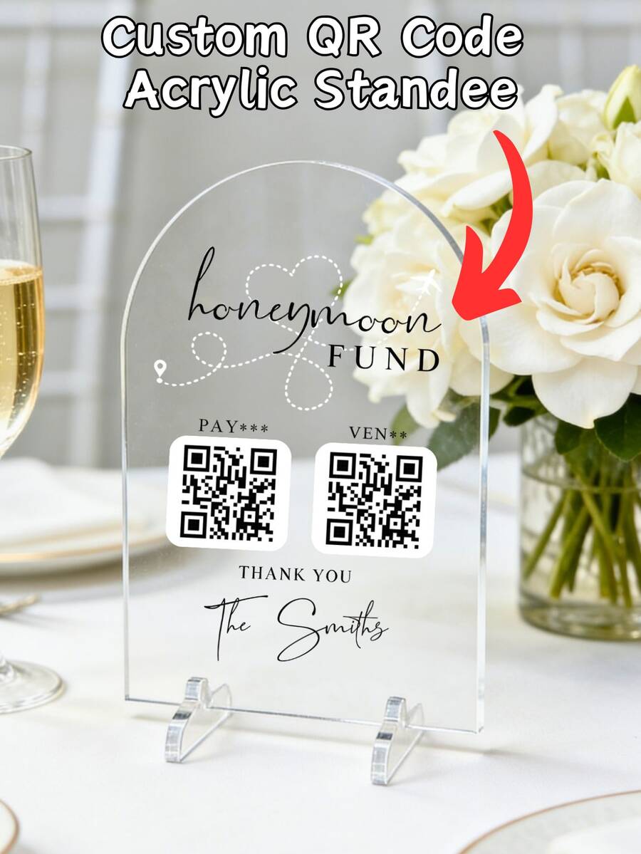 1 biển hiệu cưới bằng acrylic tùy chỉnh, giá đỡ acrylic cá nhân hóa với văn bản và mã QR tùy chỉnh, phù hợp cho trang trí đám cưới, bảng acrylic có thể tùy chỉnh với mã QR và văn bản, thích hợp cho trang trí địa điểm tổ chức đám cưới của cô dâu và chú rể. - Bình thường - Xem 1