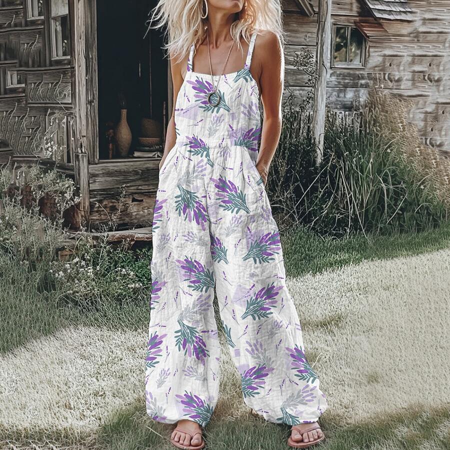 Women's Bohemian Floral Patchwork Print Jumpsuit With Pocket For Vacation - 紫丁香色 - 查看 1