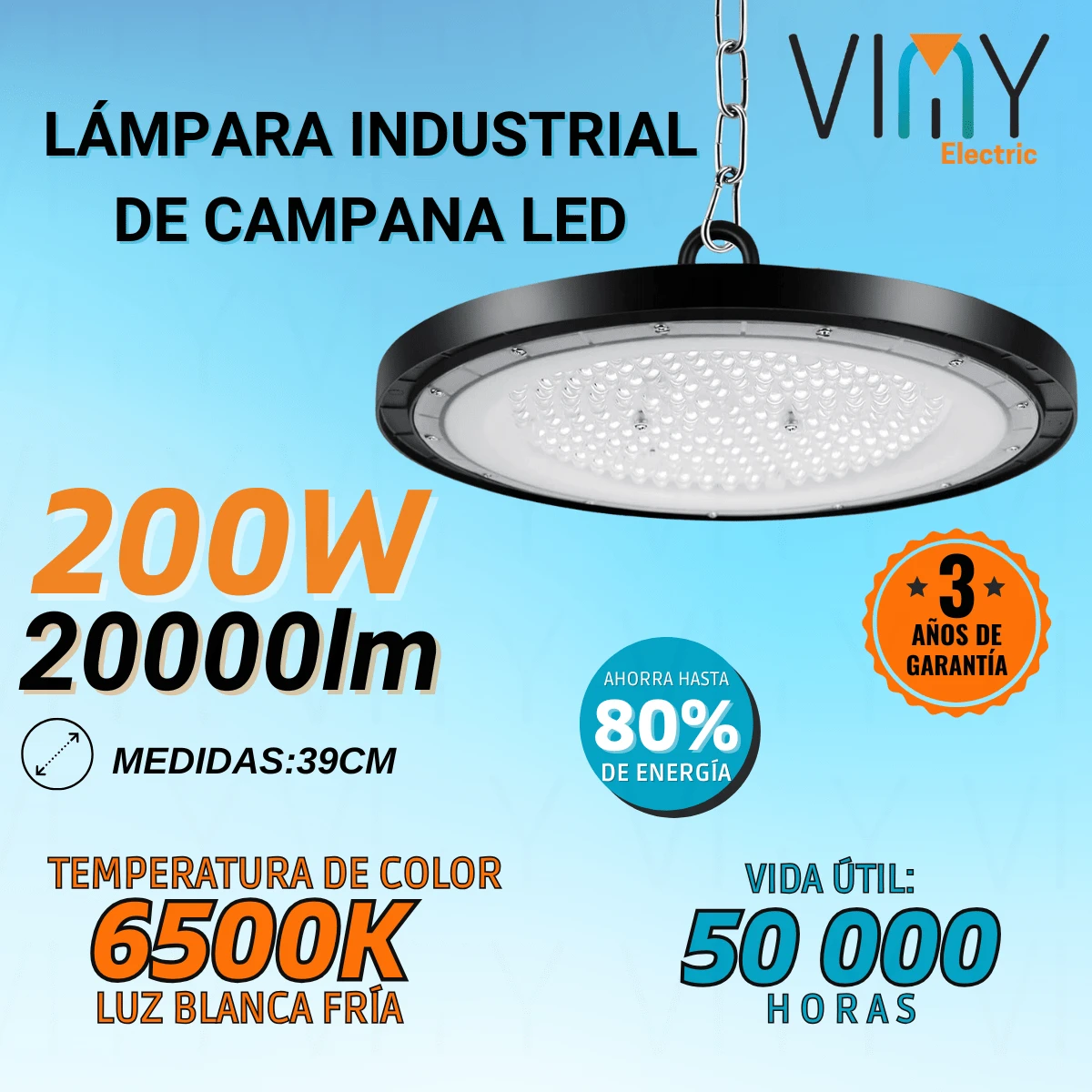 Viny - Lámpara de Campana LED Industrial Tipo UFO Colgante, 200W, Luz Blanca Fría 6500K, 20000 LM, Alta Eficiencia y Diseño Moderno para Hogar, Almacén, Oficina y Más - Blanco - Añade 3