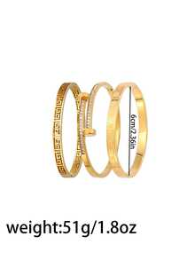 3 piezas - Pulseras exquisitas y resistentes a la decoloración chapadas en oro. Hechas de acero inoxidable resistente a los arañazos, estas pulseras incorporan múltiples elementos para superponerlas, creando estilos refinados que realzan tu tez y elevan tu apariencia general. - Dorado - Ver 2