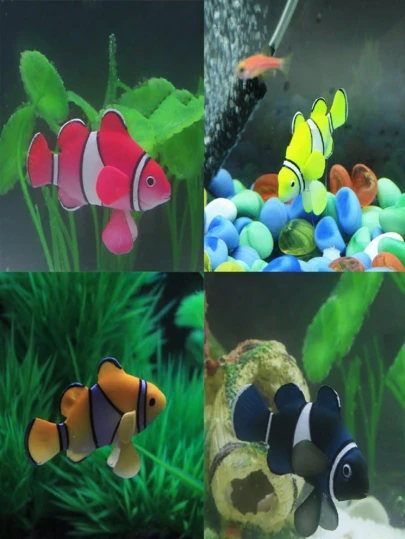 Juego de decoración de peces payaso artificiales flotantes y luminosos de silicona para acuario, 4 colores (rojo, verde, naranja y negro)