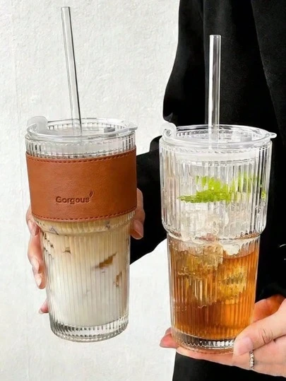1pc Striped Glass Insulated Straw Lid Cup - 20.29oz/600ml, Reusable Fashion Cup Suitable For Coffee/Tea/Milk/Iced Drinks