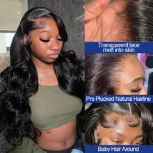 13x4 Body Wave Lace Front Wigs Blended Human Hair 200% Density HD Transparent Wave Lace Front Wigs Pre Plucked Pre Cut Frontal Human Hair Wigs For Women - Natural & Black - View 8