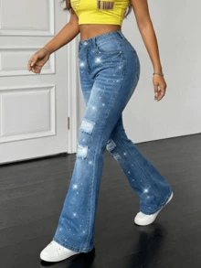 女士优雅高腰闪亮水钻牛仔裤，时尚破洞喇叭牛仔裤，毛边裤脚，适合夜间外出的牛仔凉鞋，精致的Y2K美学做旧牛仔裤 - 中等水洗藍 - 查看 5
