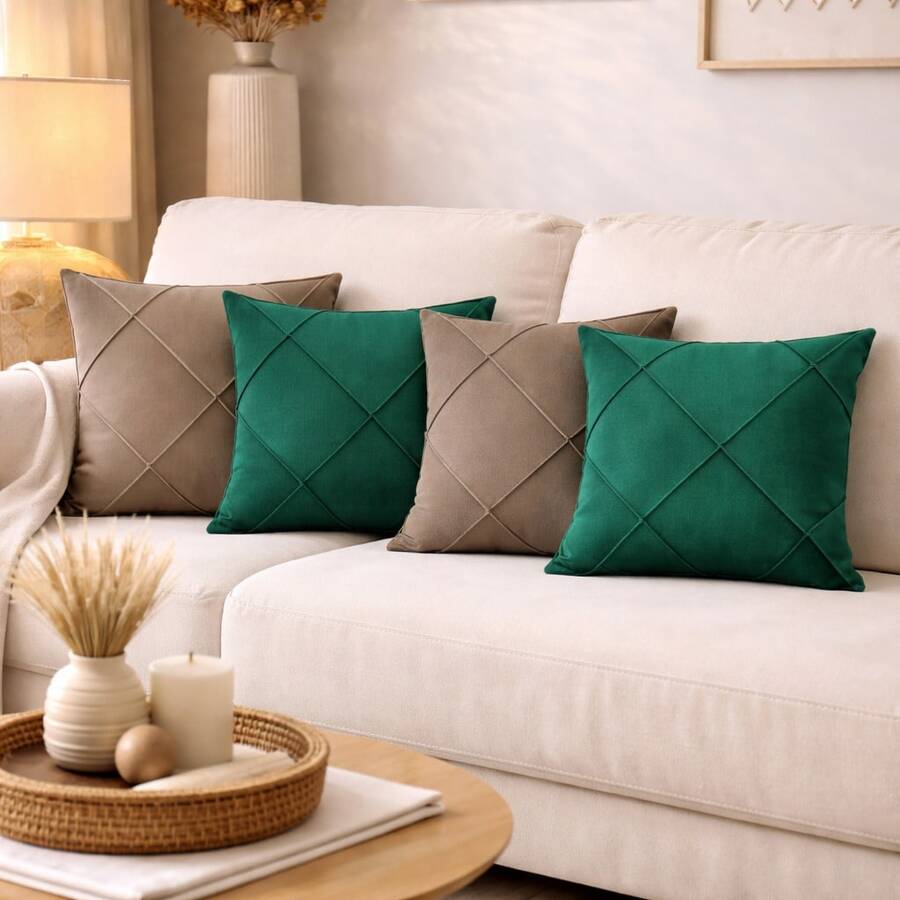 Kit Of 4 Draped Suede Cushion Covers 45x45 With Invisible Zipper - 2 Green + 2 Hazelnut - View 1