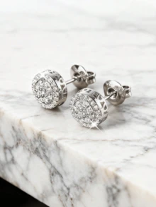 2只装男女通用圆形锆石耳钉，镀银，嘻哈音乐节派对情侣配饰，情人节女友礼物 - 銀色 - 查看 1