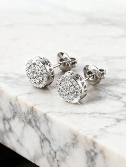 2pcs Unisex Round Zirconia Stud Earrings, Silver Plated, Hip Hop Music Festival Party Couple Accessories, Valentine's Day Girlfriend Gift