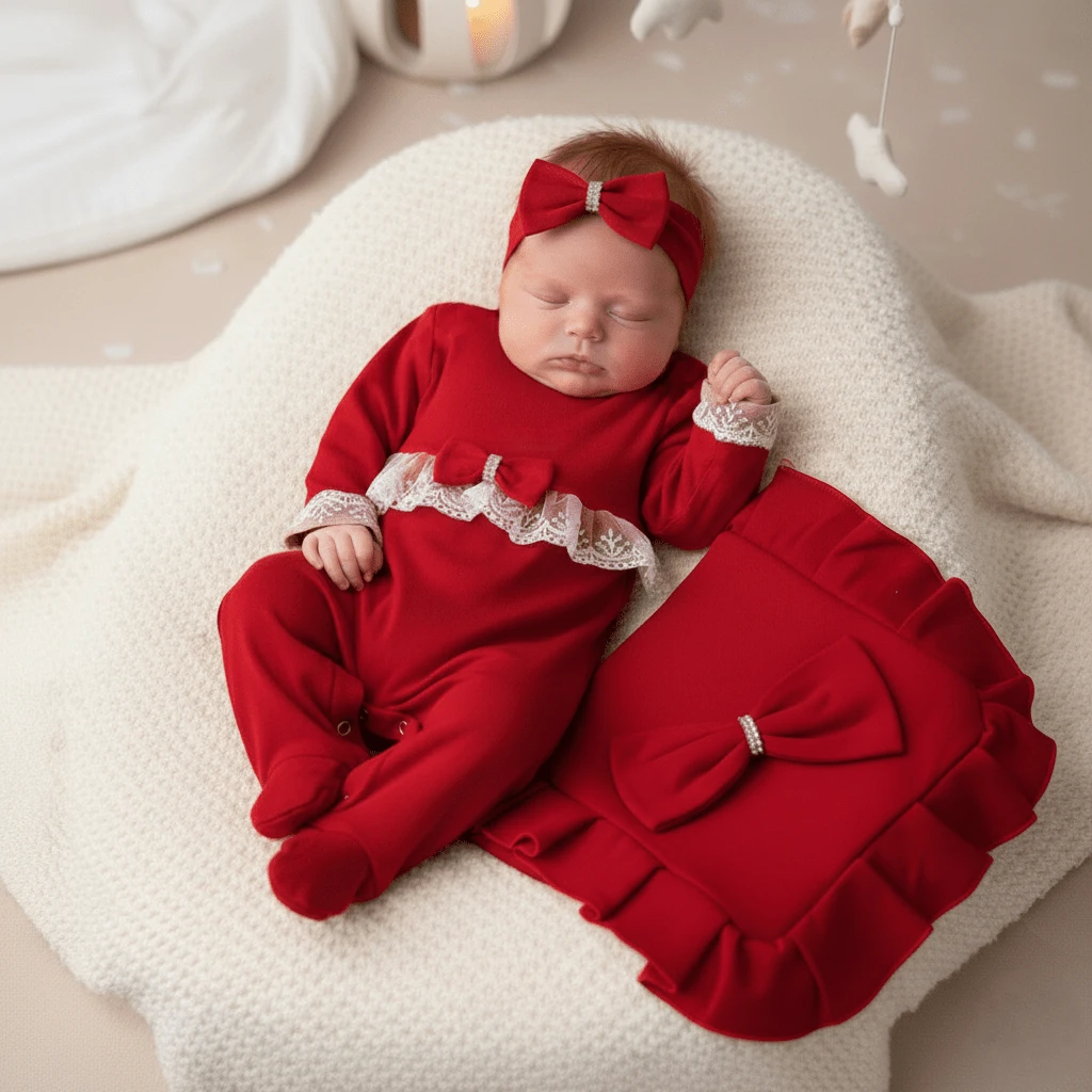 Sweet Princess Baby Girl's Complete Hospital Outfit Kit With Lace, 3-Piece Set, 100% Cotton, Baby Blanket And Headband - 紅色 - 查看 1