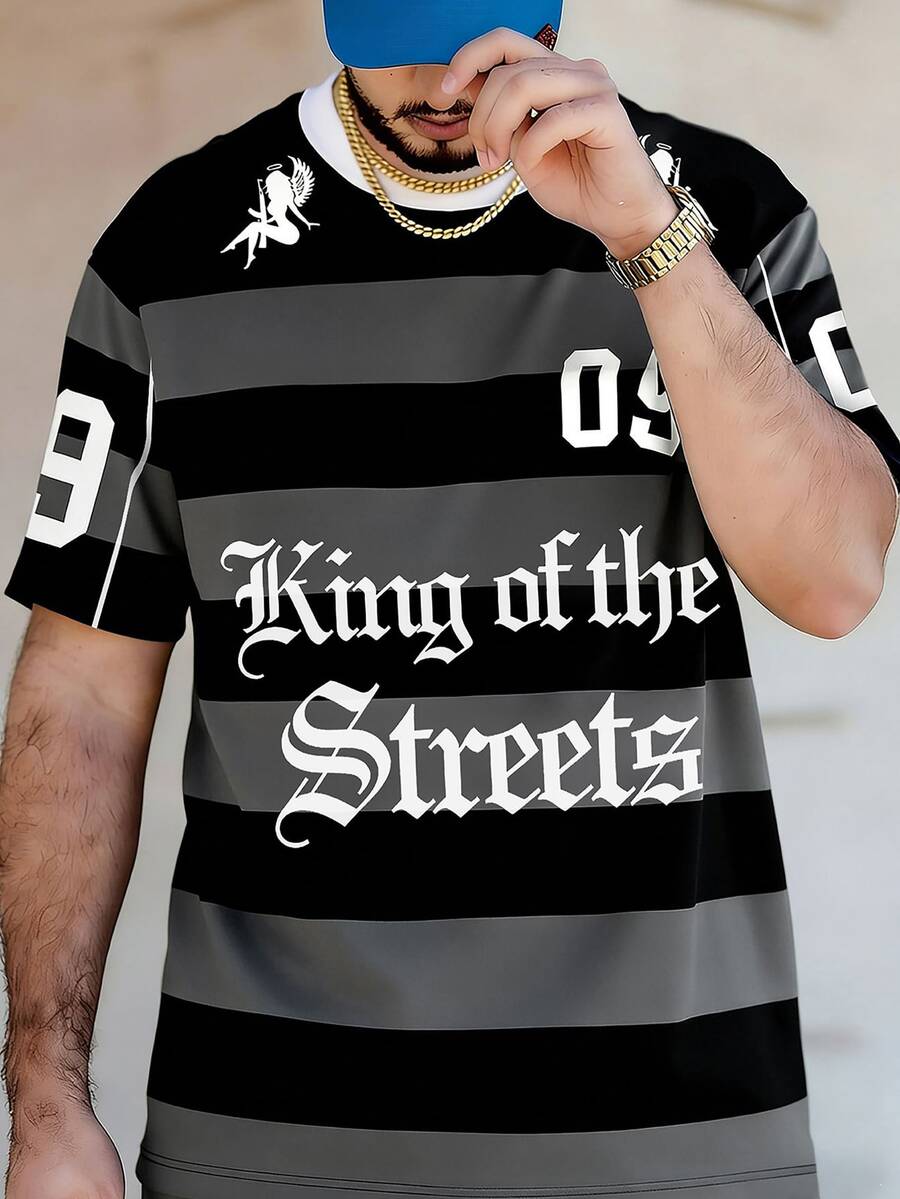 Men's Round Neck T-Shirt, Sports & Streetwear Collegiate Style Graphic Tee - Black - View 1