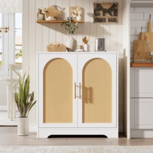 Aparador de ratán con 4 puertas, mesa consola moderna, mueble bar con acentos para sala de estar, cocina, pasillo, comedor y entrada. - Blanco - Ver 3