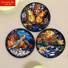 4pcs Bohemian Round Coasters, 2D Flat Printed With Sea Turtle, Butterfly, Dragonfly And Koi Fish Patterns, Suitable For Kitchen, Dining Room, Cafe, Heat-Resistant And Anti-Slip Placemats And Coasters - Multicolor - View 6