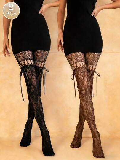2双装Y2K复古风镂空网眼丝袜，蝴蝶结装饰，深夜黑色