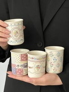 一套精美花卉陶瓷餐具，包括高品质陶瓷水果篮、收纳篮、咖啡杯、早餐牛奶杯和甜点杯，适用于家庭、餐厅、咖啡馆、礼品、派对等场合。 - 彩色 - 查看 5